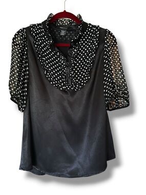 BCBGMaxAzria Black and White Polka Dot Ruffle Neck Blouse